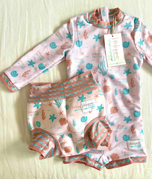 Double Layer Swim Nappy and One Piece Swimsuit in Matching Print - Coral print