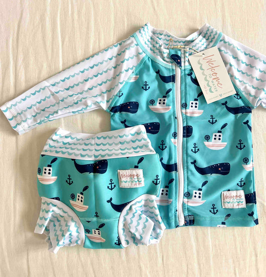 Double Layer Swim Nappy and Rashie Swim Top in Matching Print - Whale of a time print