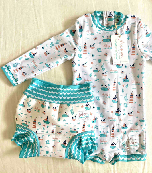 Double Layer Swim Nappy and One Piece Swimsuit in Matching Print - Boat life