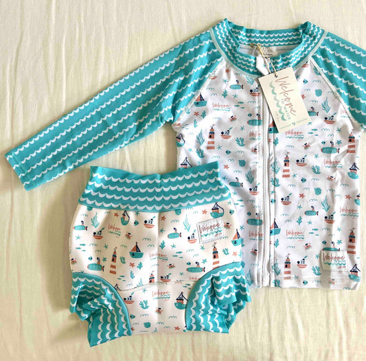 Double Layer Swim Nappy and Rashie Swim Top in Matching Print - Boat life