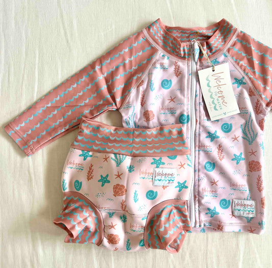 Double Layer Swim Nappy and Rashie Swim Top in Matching Print - Coral print