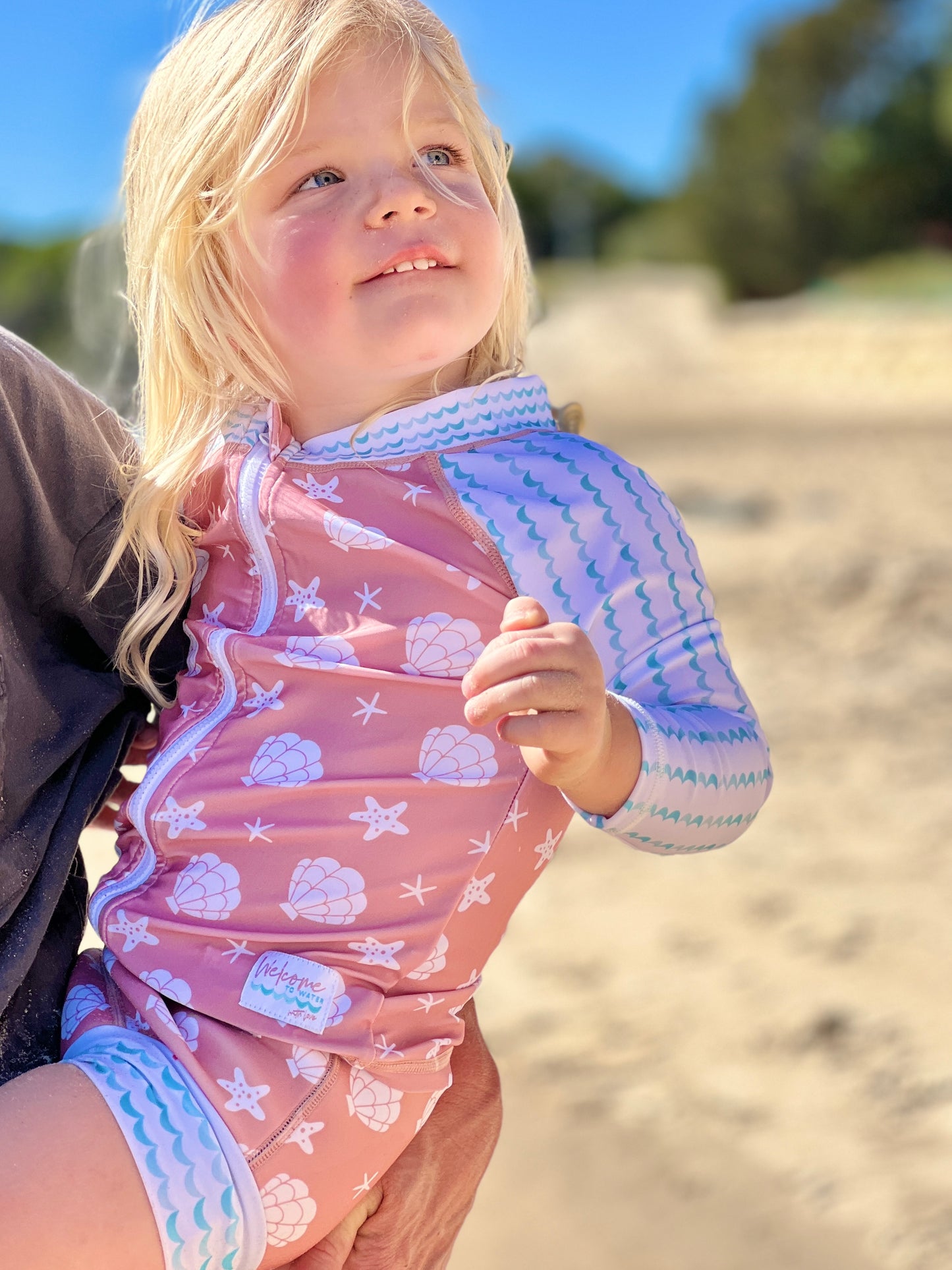 Rashie Swim Top - SPF50+ Sun Smart Long Sleeve Zip Front - She Sells Sea Shells Print