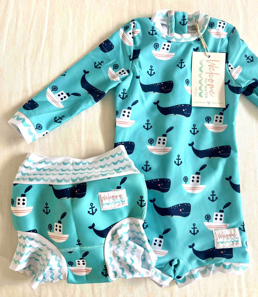 Double Layer Swim Nappy and One Piece Swimsuit in Matching Print - Whale of a time print